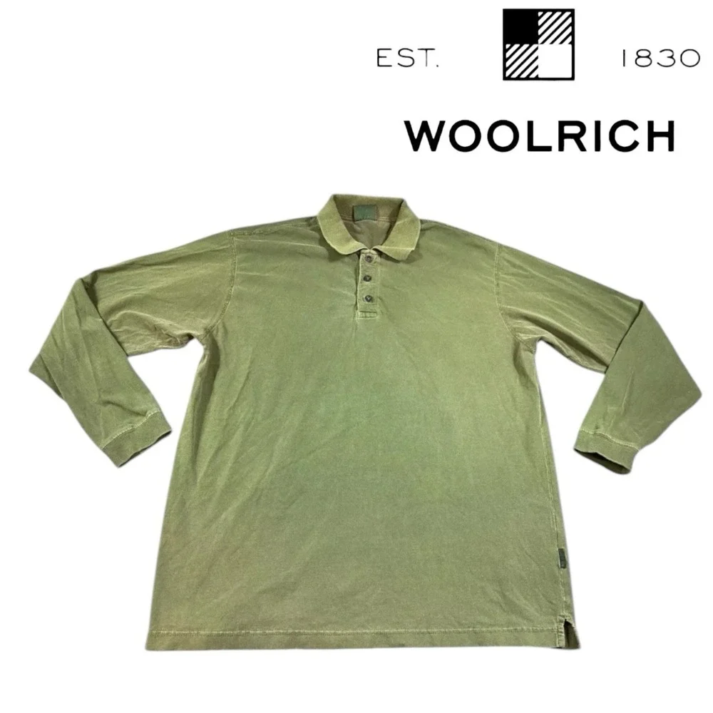 WOOLRICH Shirt‎ Mens LARGE Henley Collar Long Sleeve Thick Cotton Army Green
